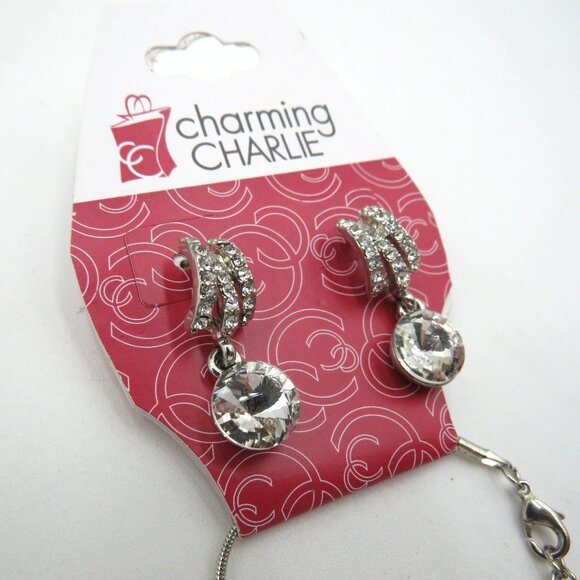 Charming Charlie Necklace Earring Set 18" Crystal Pendant Stud Silver Toned New - Picture 4 of 5